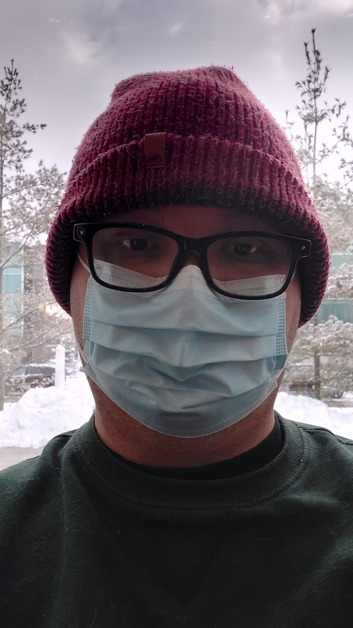 A man wears a red toque, green sweater and surgical mask, standing in front of a window with conifers and a pile of snow visible in it